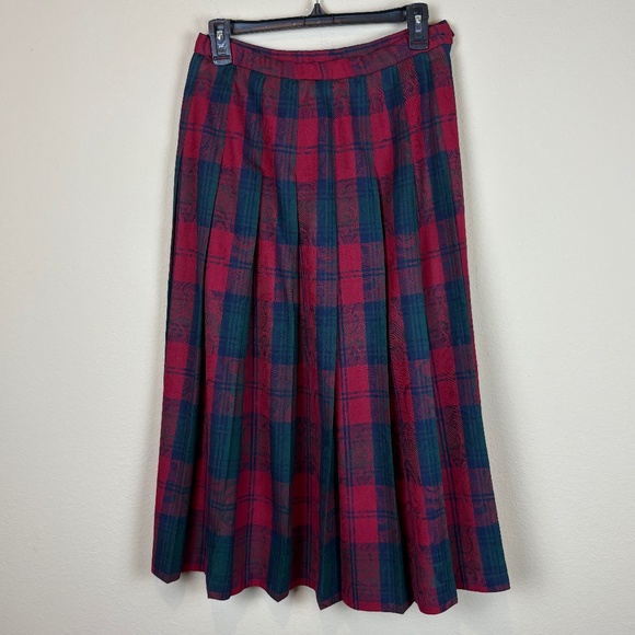 Pendleton 100% Virgin Wool Vintage Navy/Green/Red Pleated Plaid Midi Skirt - Picture 1 of 15
